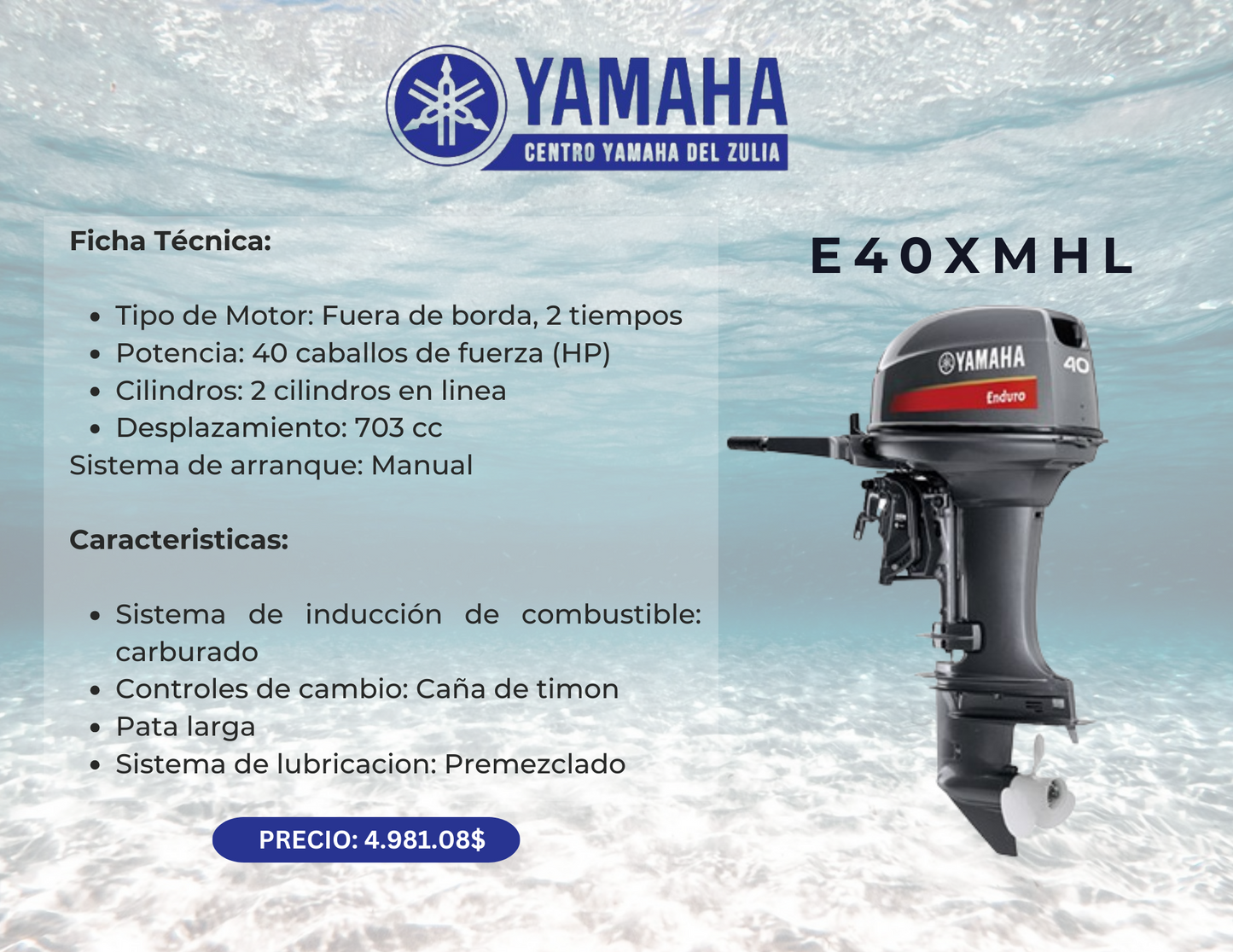 40HP MOTOR FUERA DE BORDA YAMAHA E40XMHL