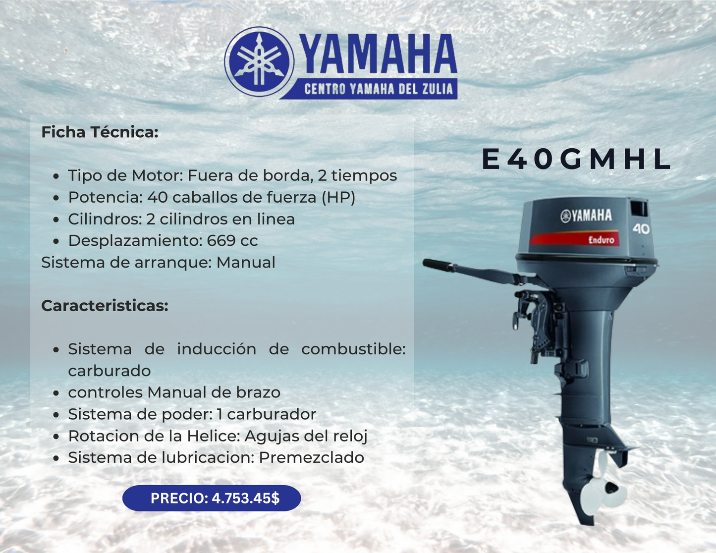 40HP MOTOR FUERA DE BORDA YAMAHA E40GMHL