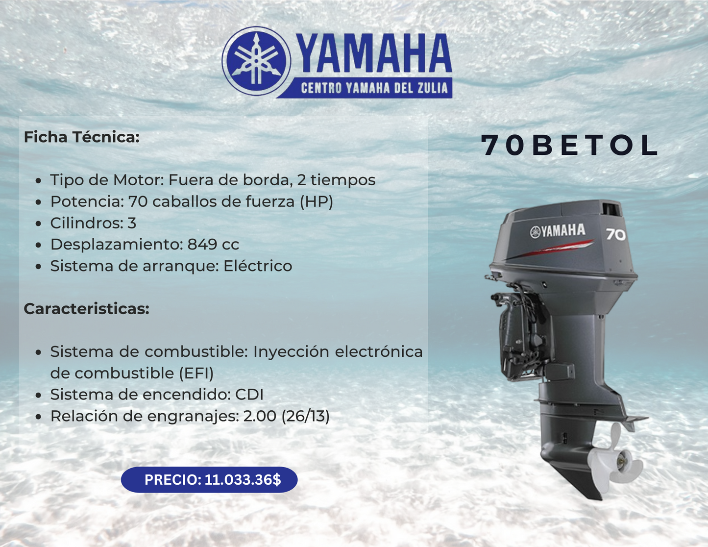 70HP MOTOR FUERA DE BORDA YAMAHA 70BETOL