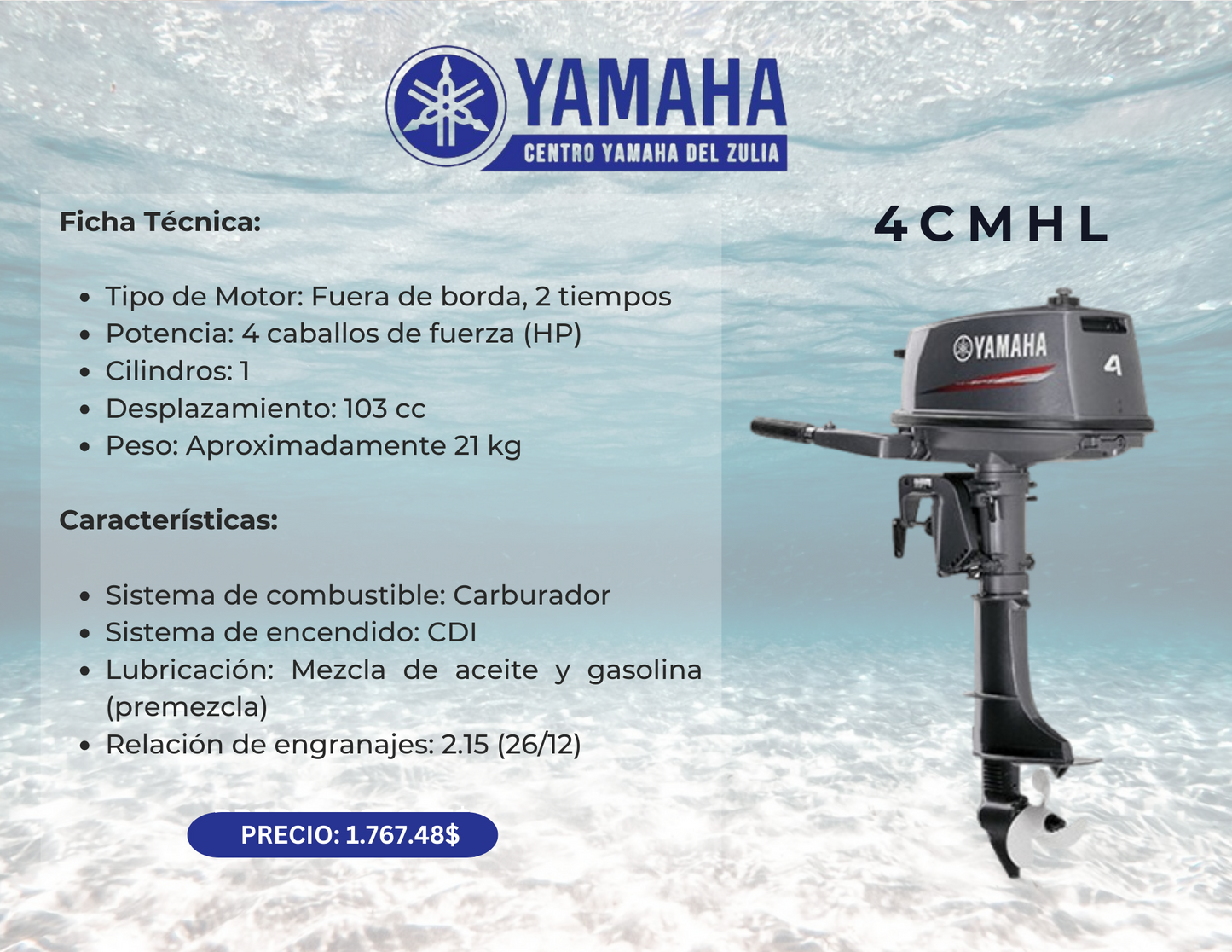 4HP MOTOR FUERA DE BORDA YAMAHA 4CMHL