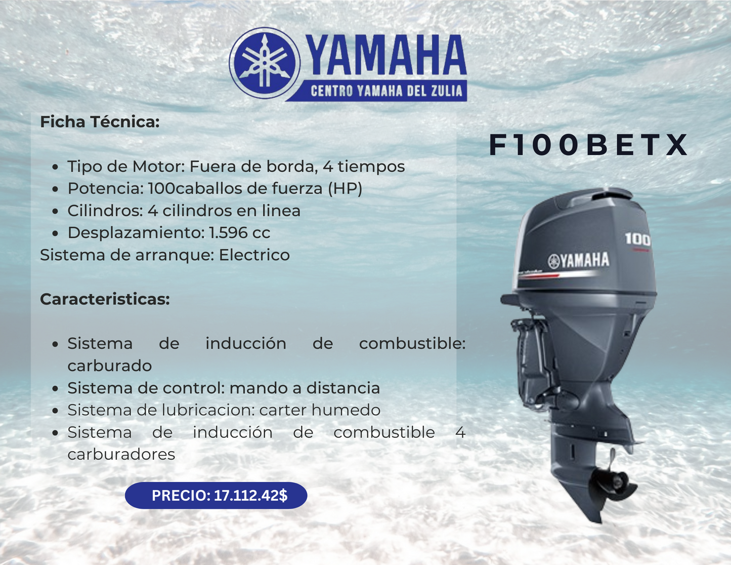 100HP MOTOR FUERA DE BORDA YAMAHA F100BETX